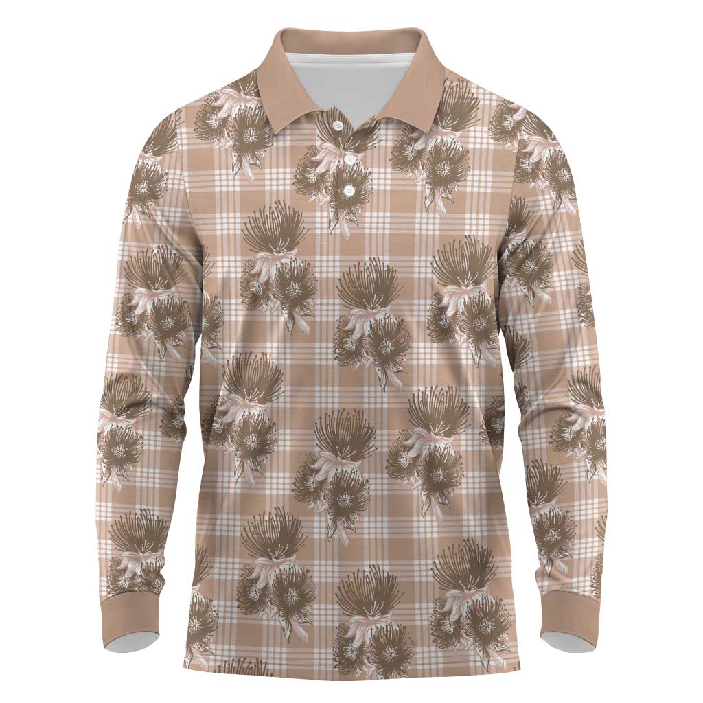 Brown Palaka Hawaii Long Sleeve Polo Shirt Hawaiian Lehua Blossoms LT05 Brown - Polynesian Pride