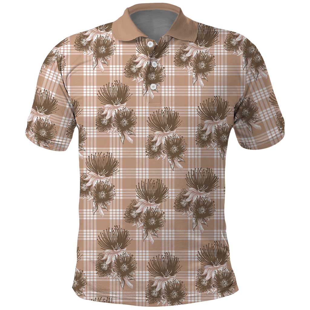 Brown Palaka Hawaii Polo Shirt Hawaiian Lehua Blossoms
