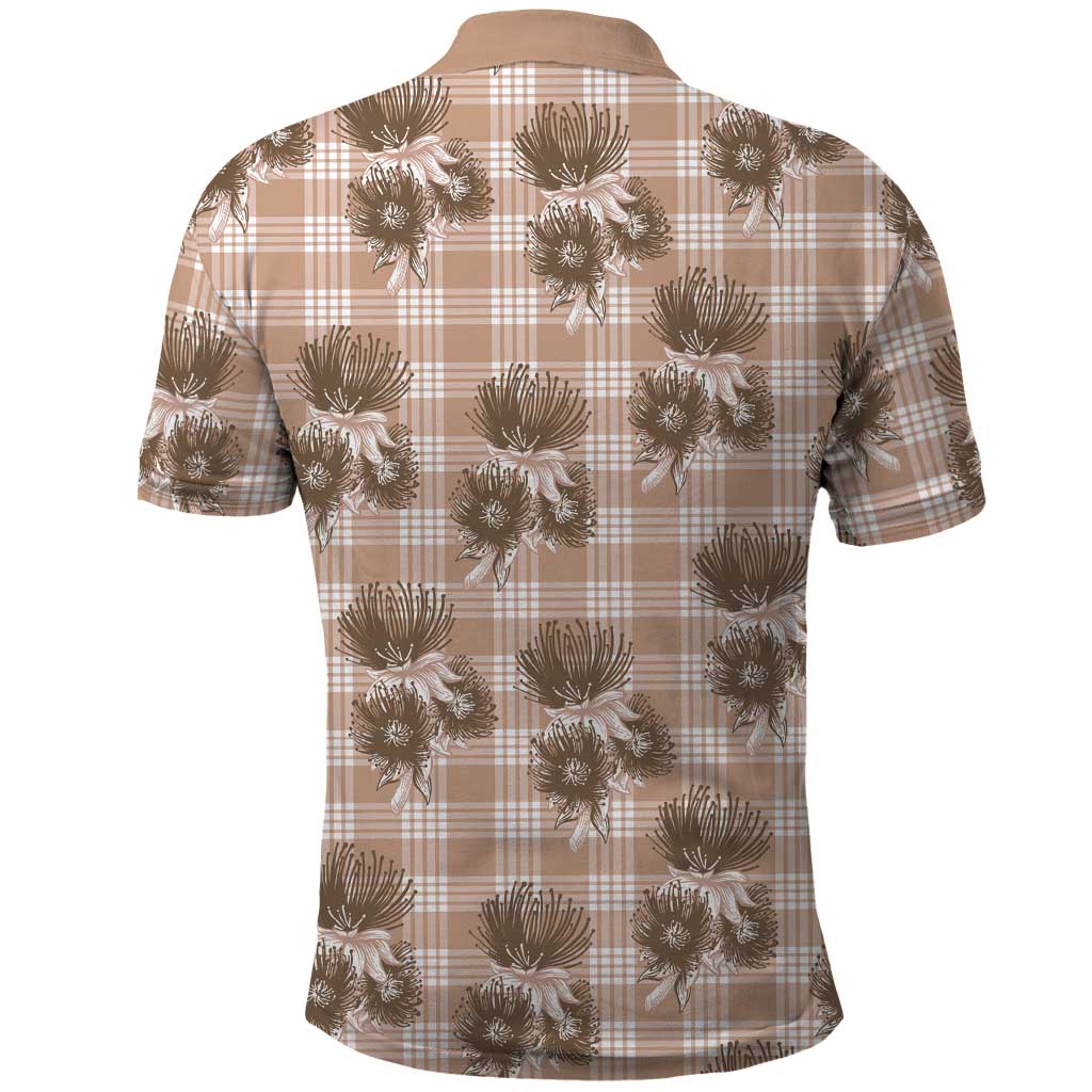 Brown Palaka Hawaii Polo Shirt Hawaiian Lehua Blossoms