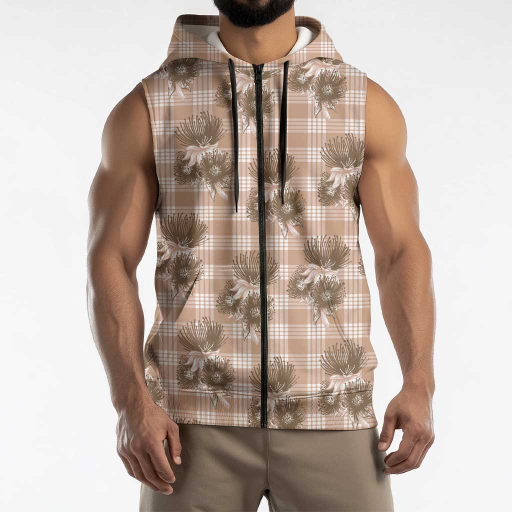 Brown Palaka Hawaii Sleeveless Zip Hoodie Hawaiian Lehua Blossoms LT05 - Polynesian Pride