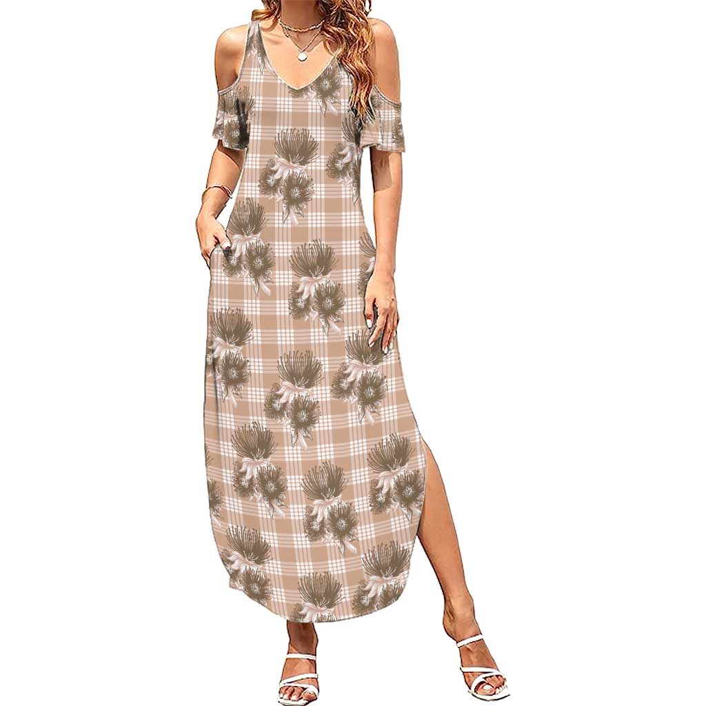 Brown Palaka Hawaii Summer Maxi Dress Hawaiian Lehua Blossoms