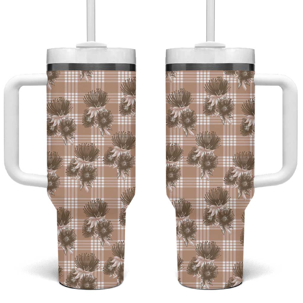 Brown Palaka Hawaii Tumbler With Handle Hawaiian Lehua Blossoms