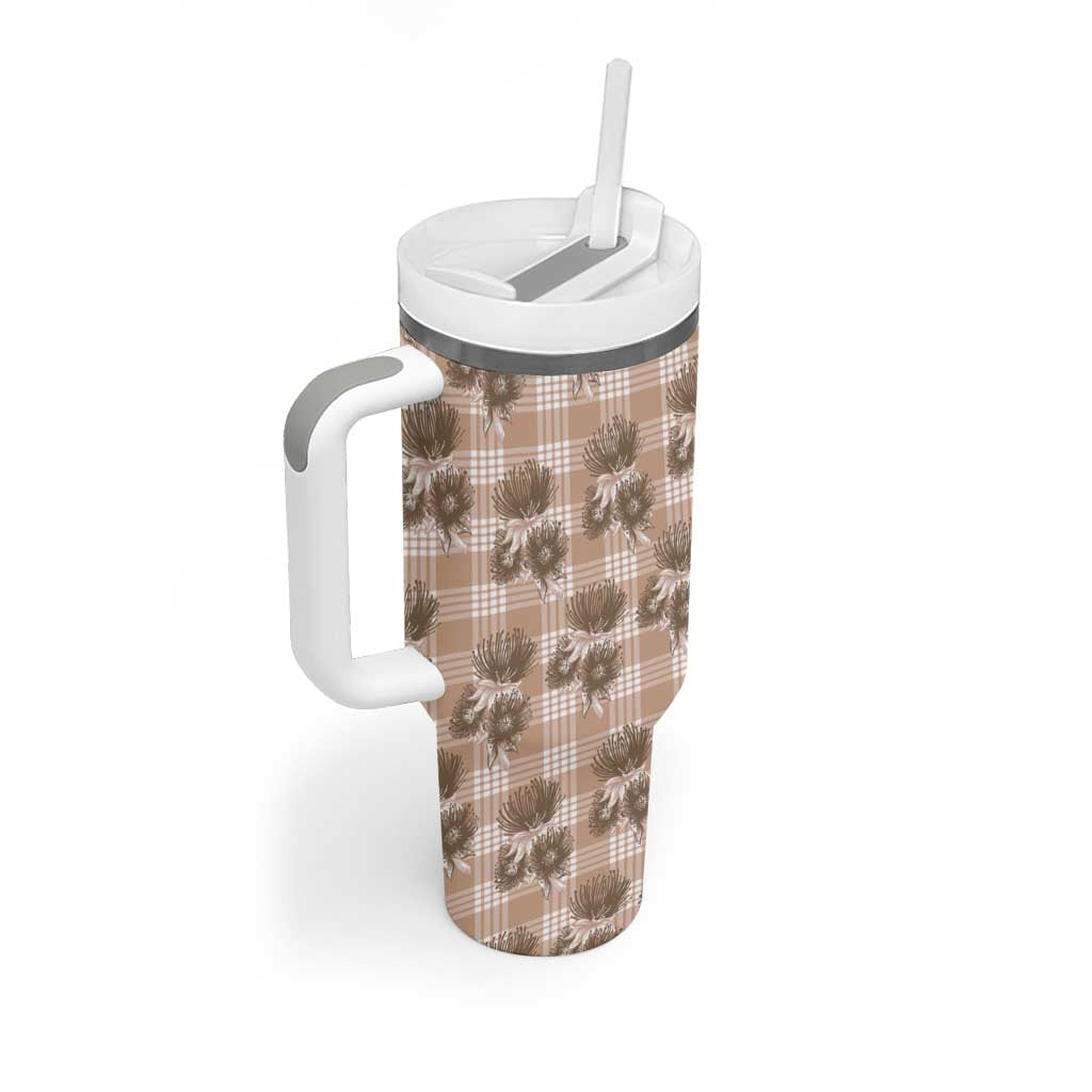 Brown Palaka Hawaii Tumbler With Handle Hawaiian Lehua Blossoms