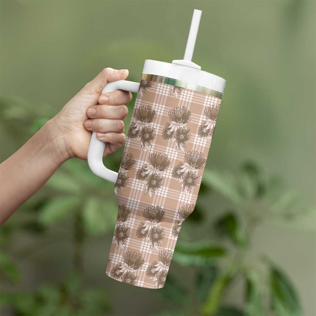 Brown Palaka Hawaii Tumbler With Handle Hawaiian Lehua Blossoms