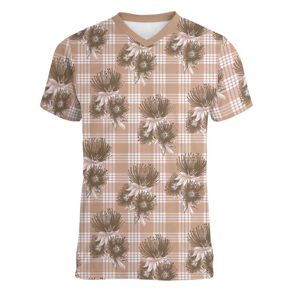 Brown Palaka Hawaii Women V-Neck T-Shirt Hawaiian Lehua Blossoms