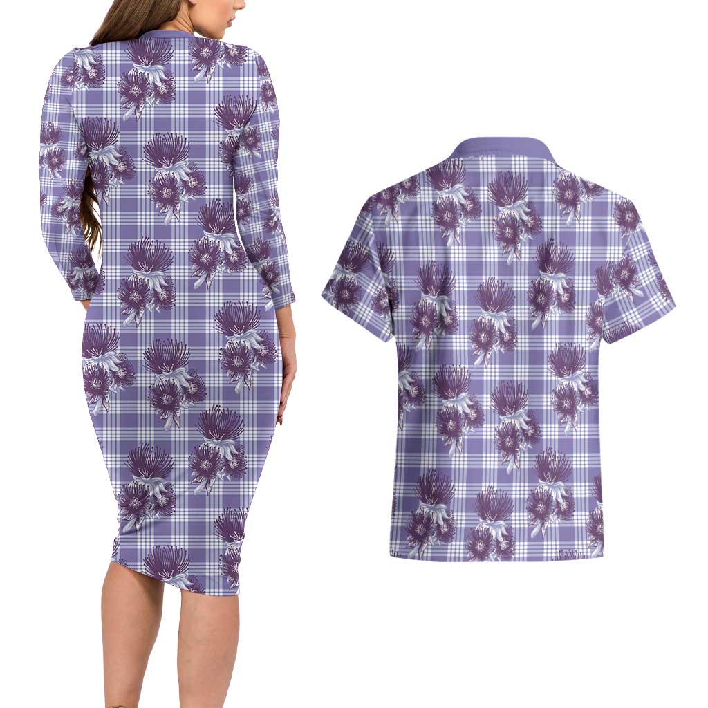 Purple Palaka Hawaii Couples Matching Long Sleeve Bodycon Dress and Hawaiian Shirt Hawaiian Lehua Blossoms
