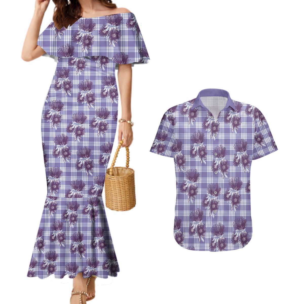 Purple Palaka Hawaii Couples Matching Mermaid Dress and Hawaiian Shirt Hawaiian Lehua Blossoms