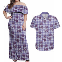 Purple Palaka Hawaii Couples Matching Off Shoulder Maxi Dress and Hawaiian Shirt Hawaiian Lehua Blossoms