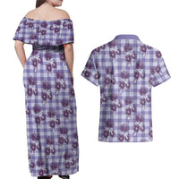 Purple Palaka Hawaii Couples Matching Off Shoulder Maxi Dress and Hawaiian Shirt Hawaiian Lehua Blossoms