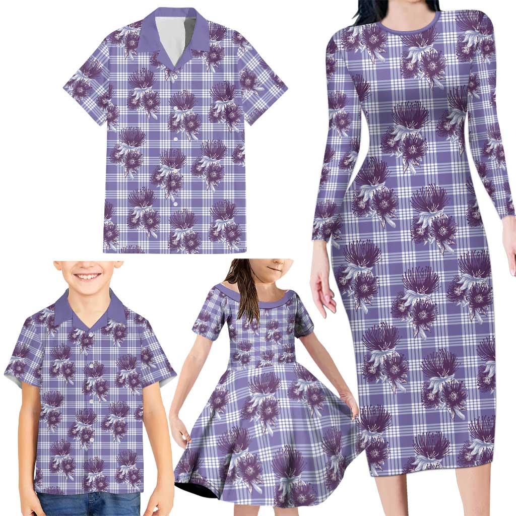 Purple Palaka Hawaii Family Matching Long Sleeve Bodycon Dress and Hawaiian Shirt Hawaiian Lehua Blossoms LT05 - Polynesian Pride