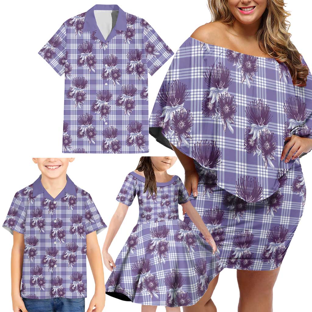 Purple Palaka Hawaii Family Matching Off Shoulder Short Dress and Hawaiian Shirt Hawaiian Lehua Blossoms LT05 - Polynesian Pride
