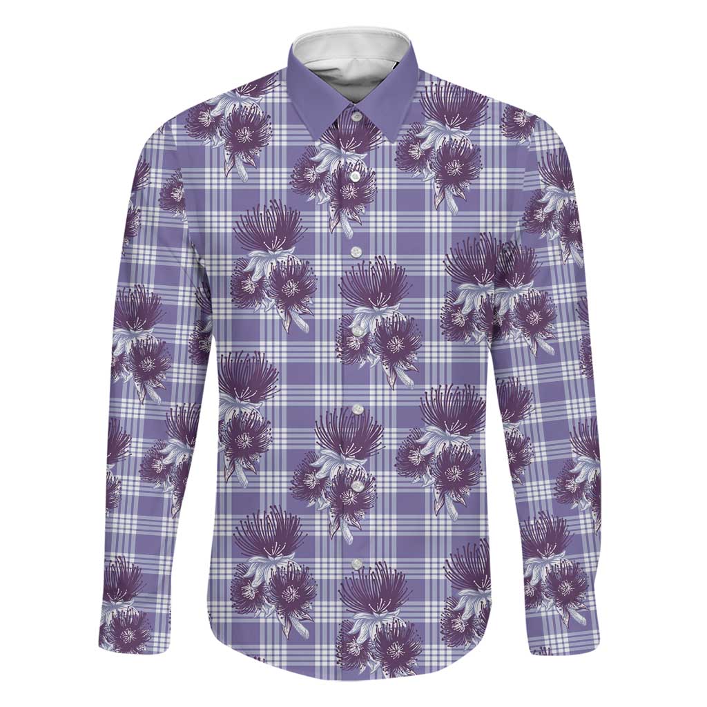 Purple Palaka Hawaii Family Matching Tank Maxi Dress and Hawaiian Shirt Hawaiian Lehua Blossoms LT05 Dad's Shirt - Long Sleeve Purple - Polynesian Pride