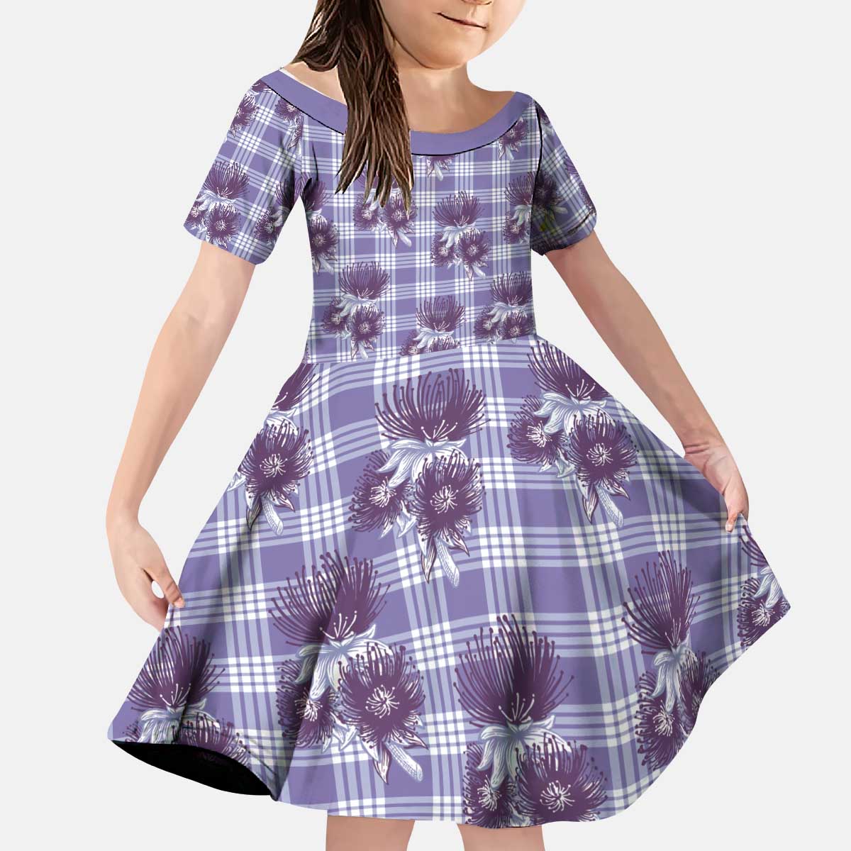 Purple Palaka Hawaii Kid Short Sleeve Dress Hawaiian Lehua Blossoms LT05 KID Purple - Polynesian Pride