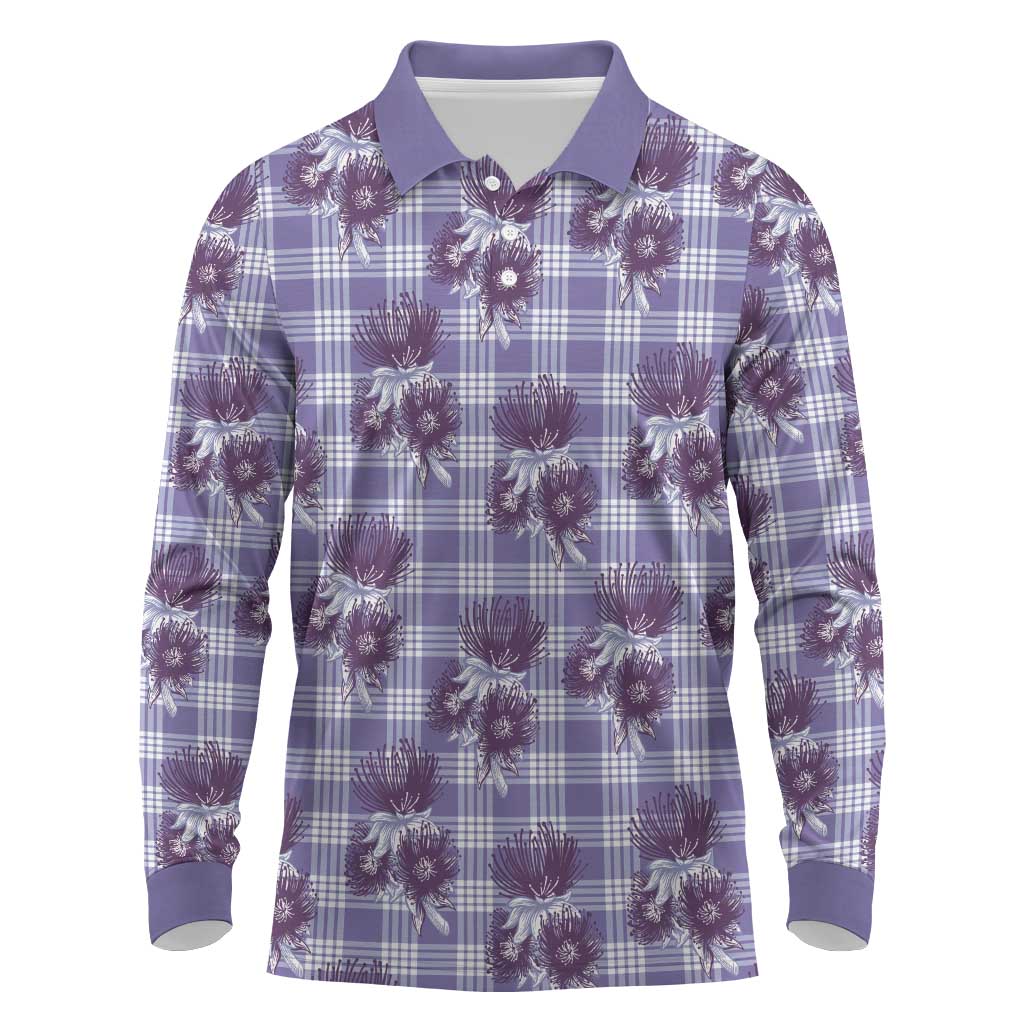 Purple Palaka Hawaii Long Sleeve Polo Shirt Hawaiian Lehua Blossoms LT05 Purple - Polynesian Pride