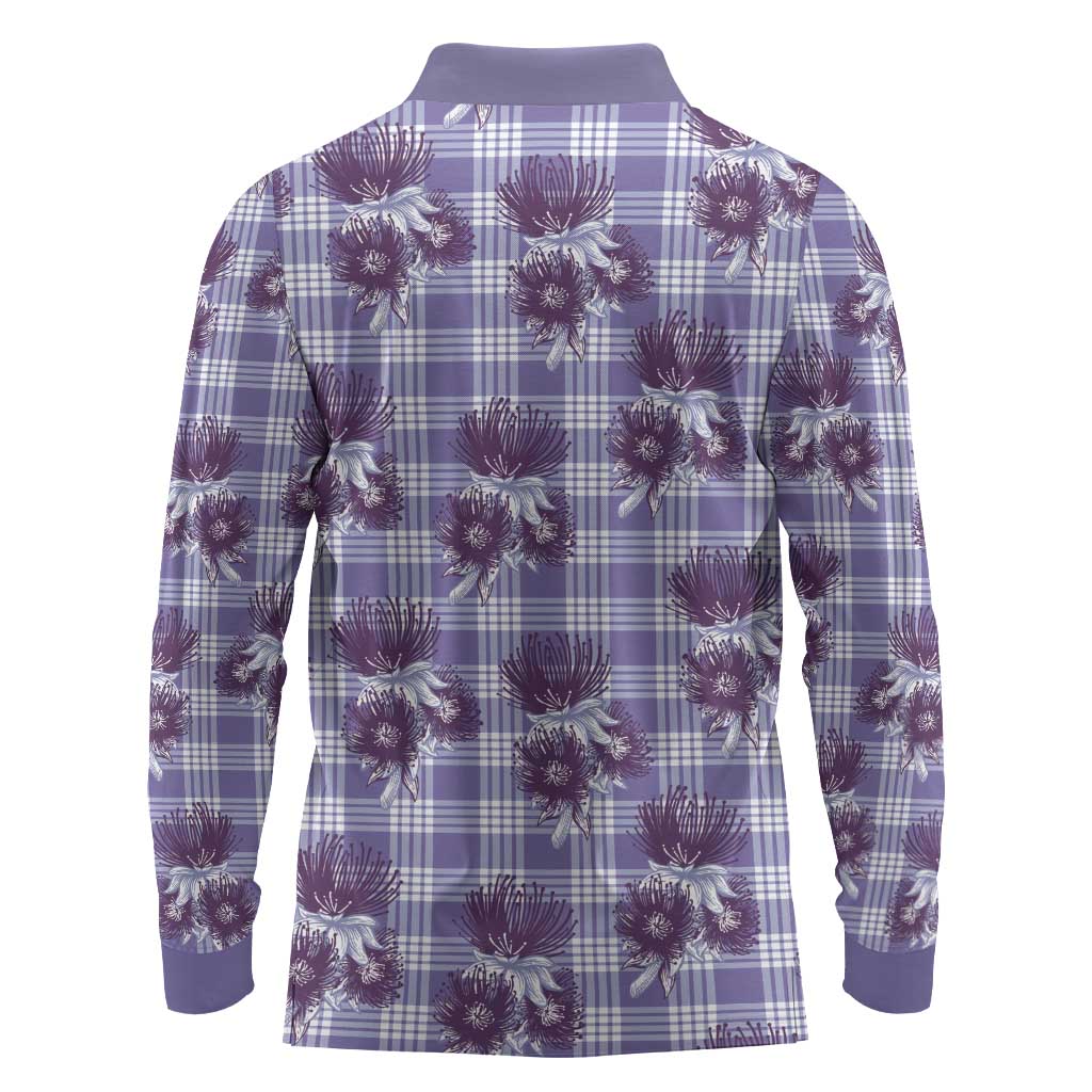 Purple Palaka Hawaii Long Sleeve Polo Shirt Hawaiian Lehua Blossoms LT05 - Polynesian Pride