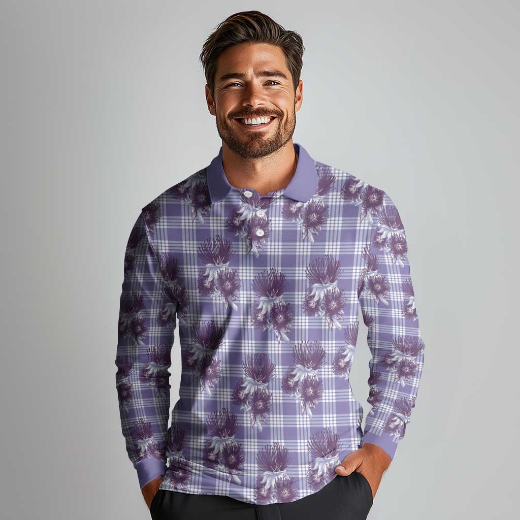 Purple Palaka Hawaii Long Sleeve Polo Shirt Hawaiian Lehua Blossoms LT05 - Polynesian Pride