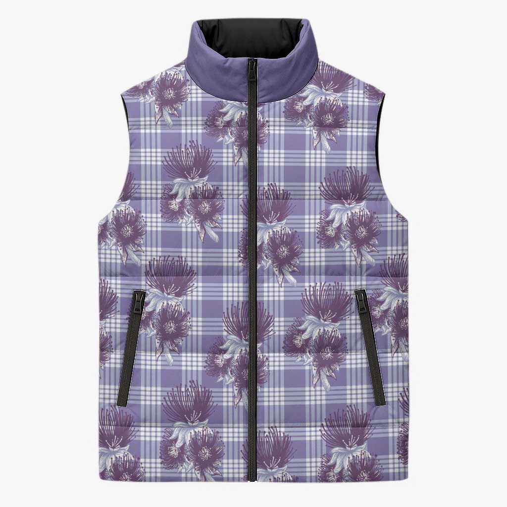 Purple Palaka Hawaii Sleeveless Puffer Jacket Hawaiian Lehua Blossoms
