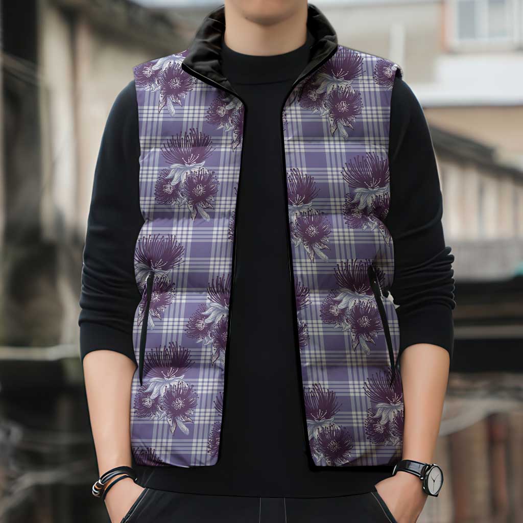 Purple Palaka Hawaii Sleeveless Puffer Jacket Hawaiian Lehua Blossoms