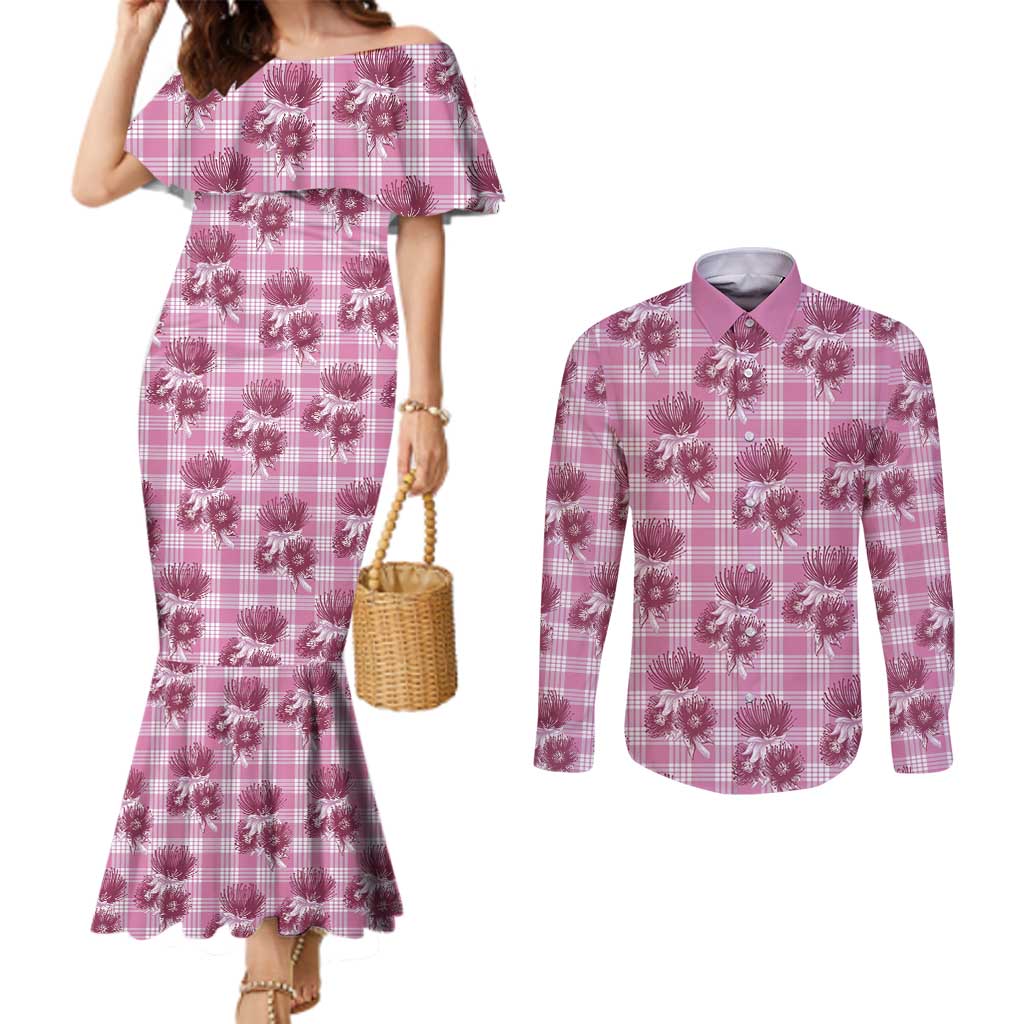 Pink Palaka Hawaii Couples Matching Mermaid Dress and Long Sleeve Button Shirt Hawaiian Lehua Blossoms LT05 Pink - Polynesian Pride