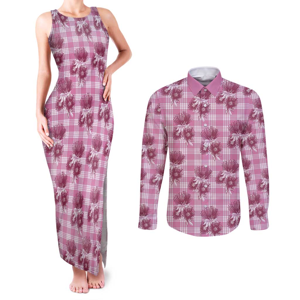 Pink Palaka Hawaii Couples Matching Tank Maxi Dress and Long Sleeve Button Shirt Hawaiian Lehua Blossoms