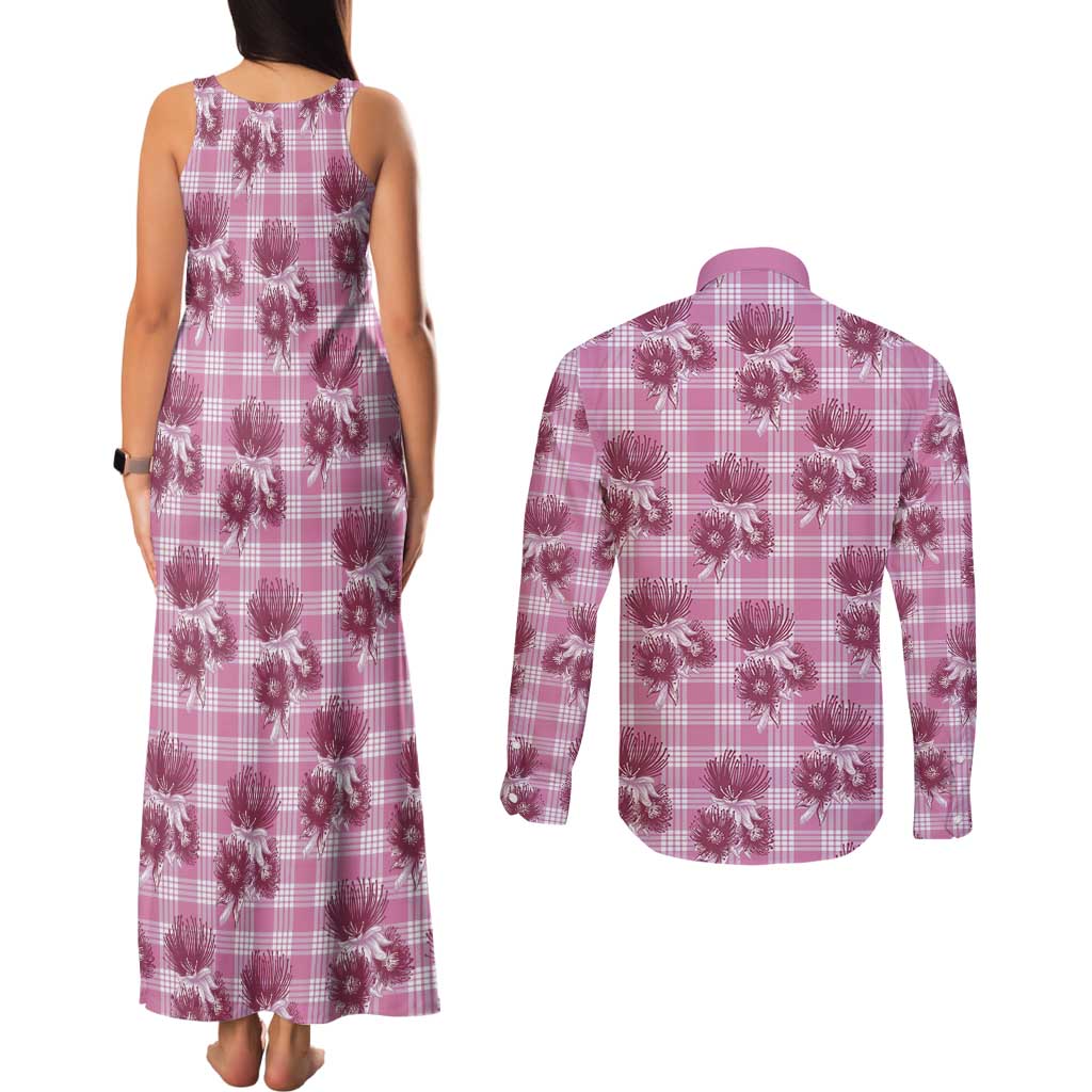 Pink Palaka Hawaii Couples Matching Tank Maxi Dress and Long Sleeve Button Shirt Hawaiian Lehua Blossoms