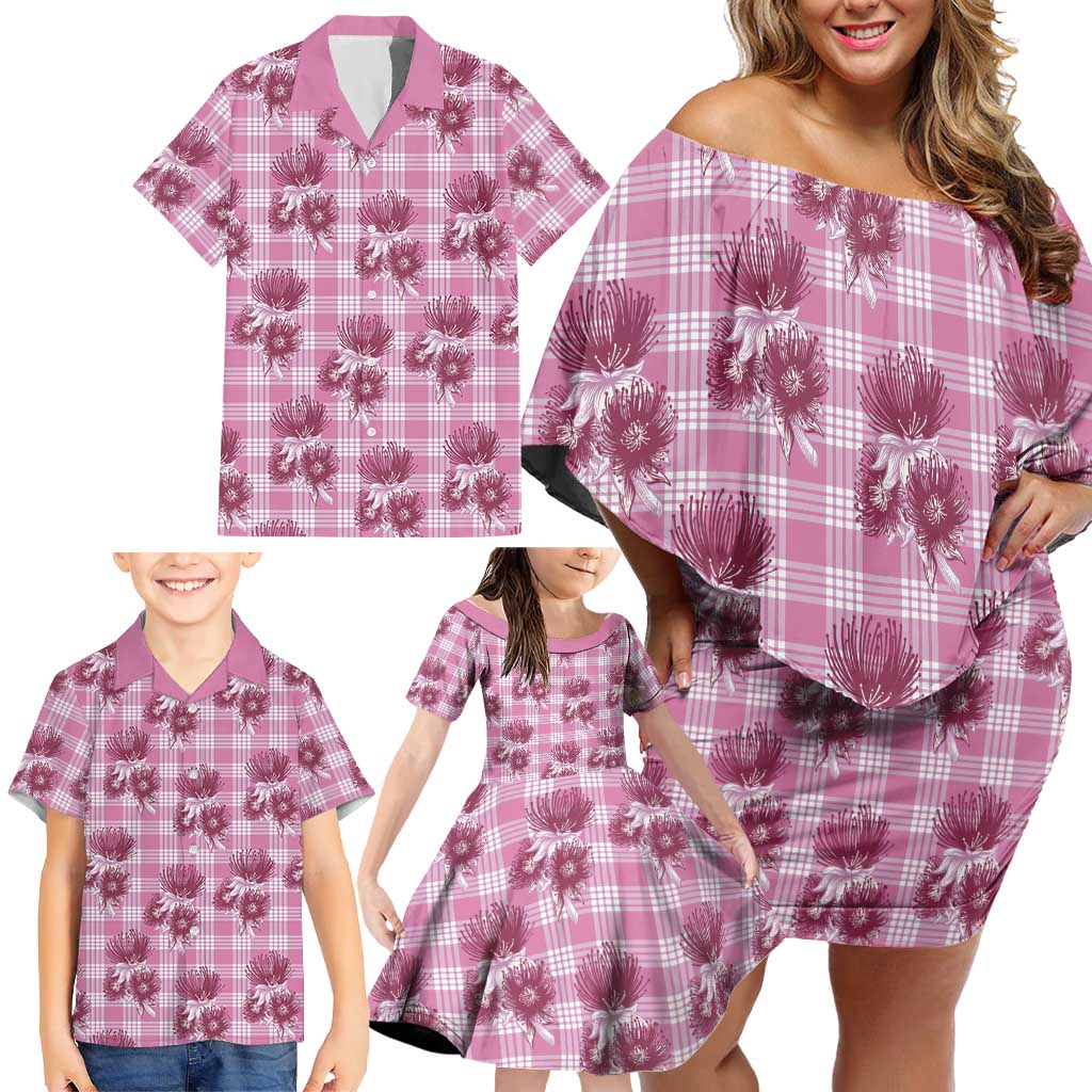 Pink Palaka Hawaii Family Matching Off Shoulder Short Dress and Hawaiian Shirt Hawaiian Lehua Blossoms LT05 - Polynesian Pride