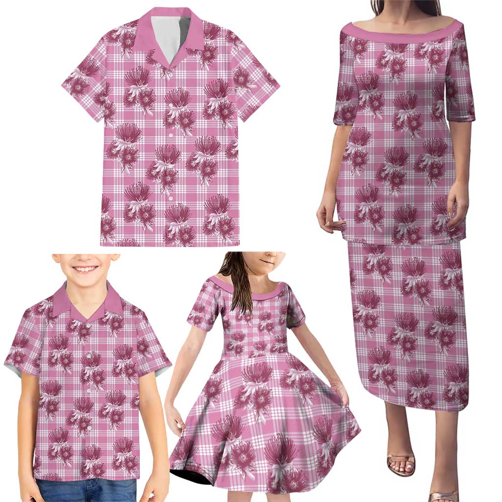 Pink Palaka Hawaii Family Matching Puletasi and Hawaiian Shirt Hawaiian Lehua Blossoms