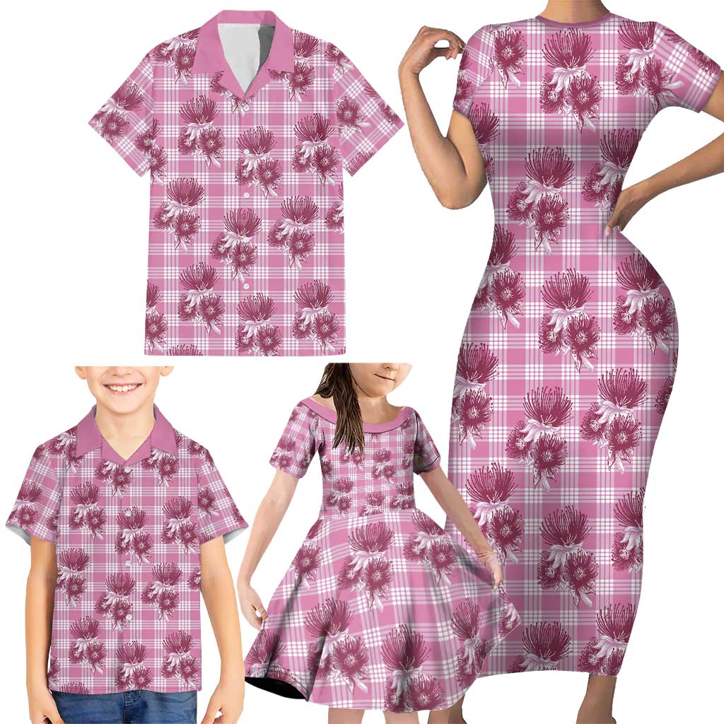 Pink Palaka Hawaii Family Matching Short Sleeve Bodycon Dress and Hawaiian Shirt Hawaiian Lehua Blossoms