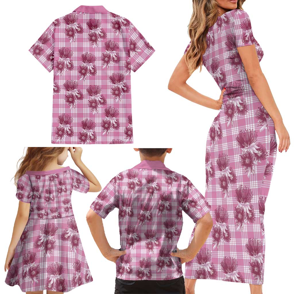 Pink Palaka Hawaii Family Matching Short Sleeve Bodycon Dress and Hawaiian Shirt Hawaiian Lehua Blossoms