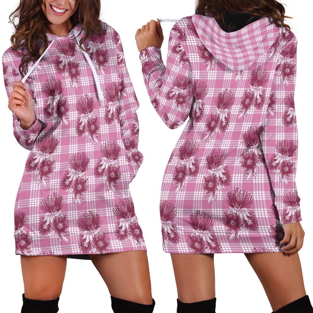 Pink Palaka Hawaii Hoodie Dress Hawaiian Lehua Blossoms