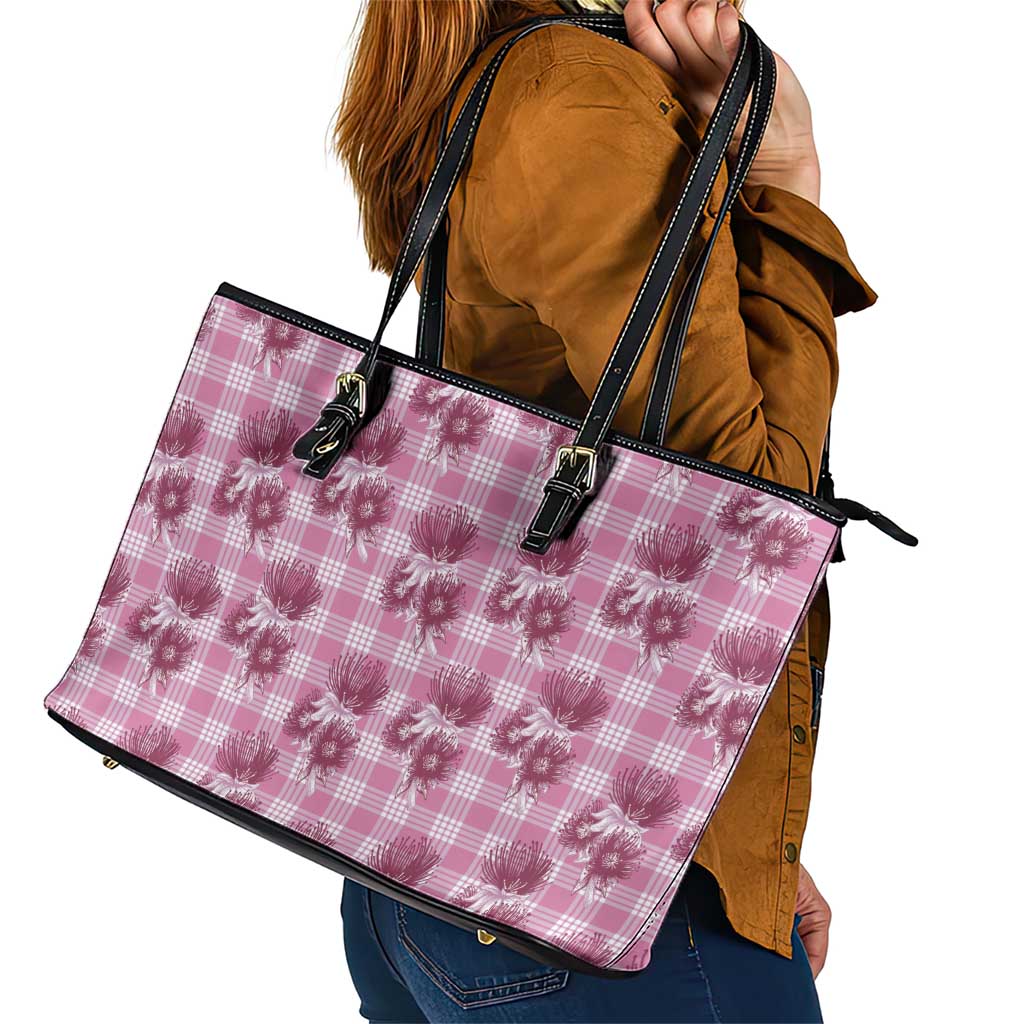 Pink Palaka Hawaii Leather Tote Bag Hawaiian Lehua Blossoms LT05 - Polynesian Pride