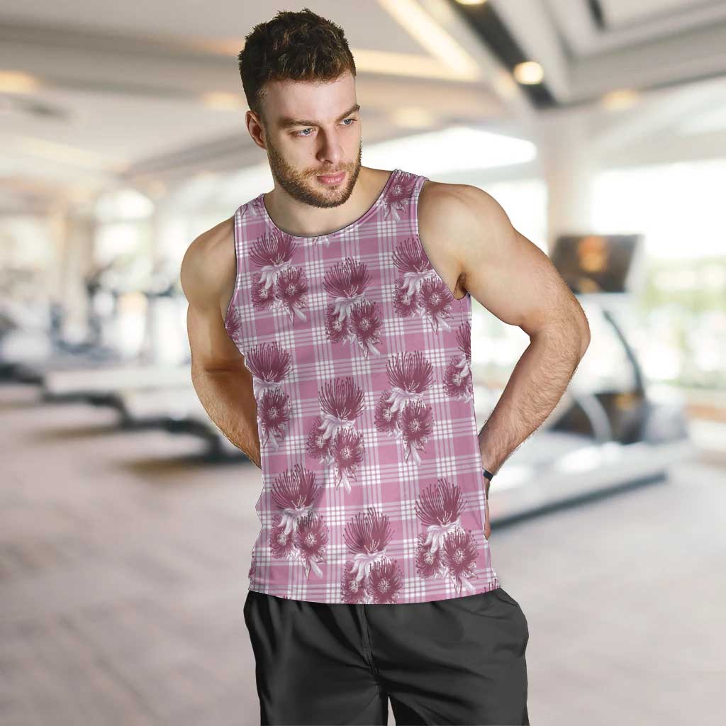 Pink Palaka Hawaii Men Tank Top Hawaiian Lehua Blossoms