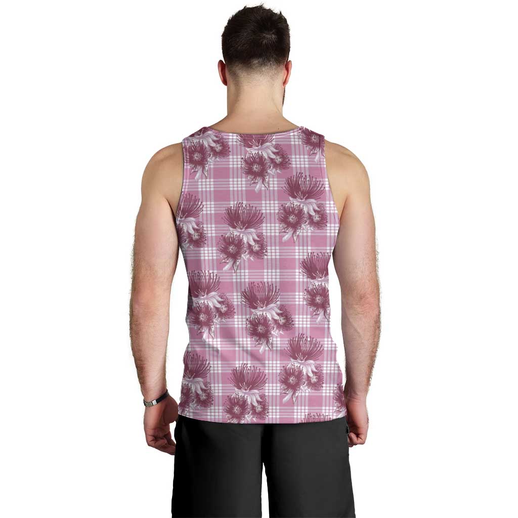 Pink Palaka Hawaii Men Tank Top Hawaiian Lehua Blossoms