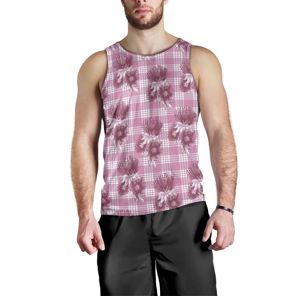 Pink Palaka Hawaii Men Tank Top Hawaiian Lehua Blossoms