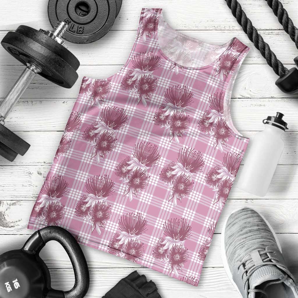 Pink Palaka Hawaii Men Tank Top Hawaiian Lehua Blossoms