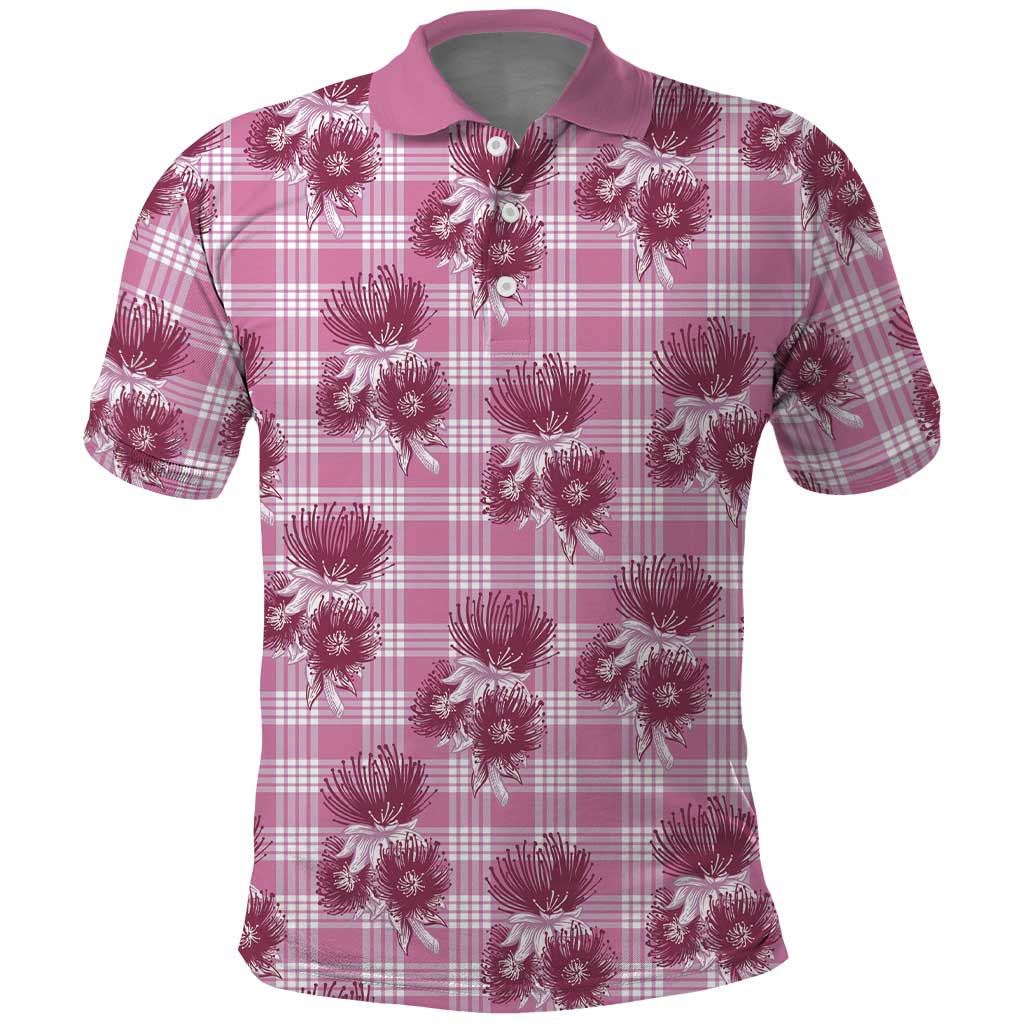 Pink Palaka Hawaii Polo Shirt Hawaiian Lehua Blossoms