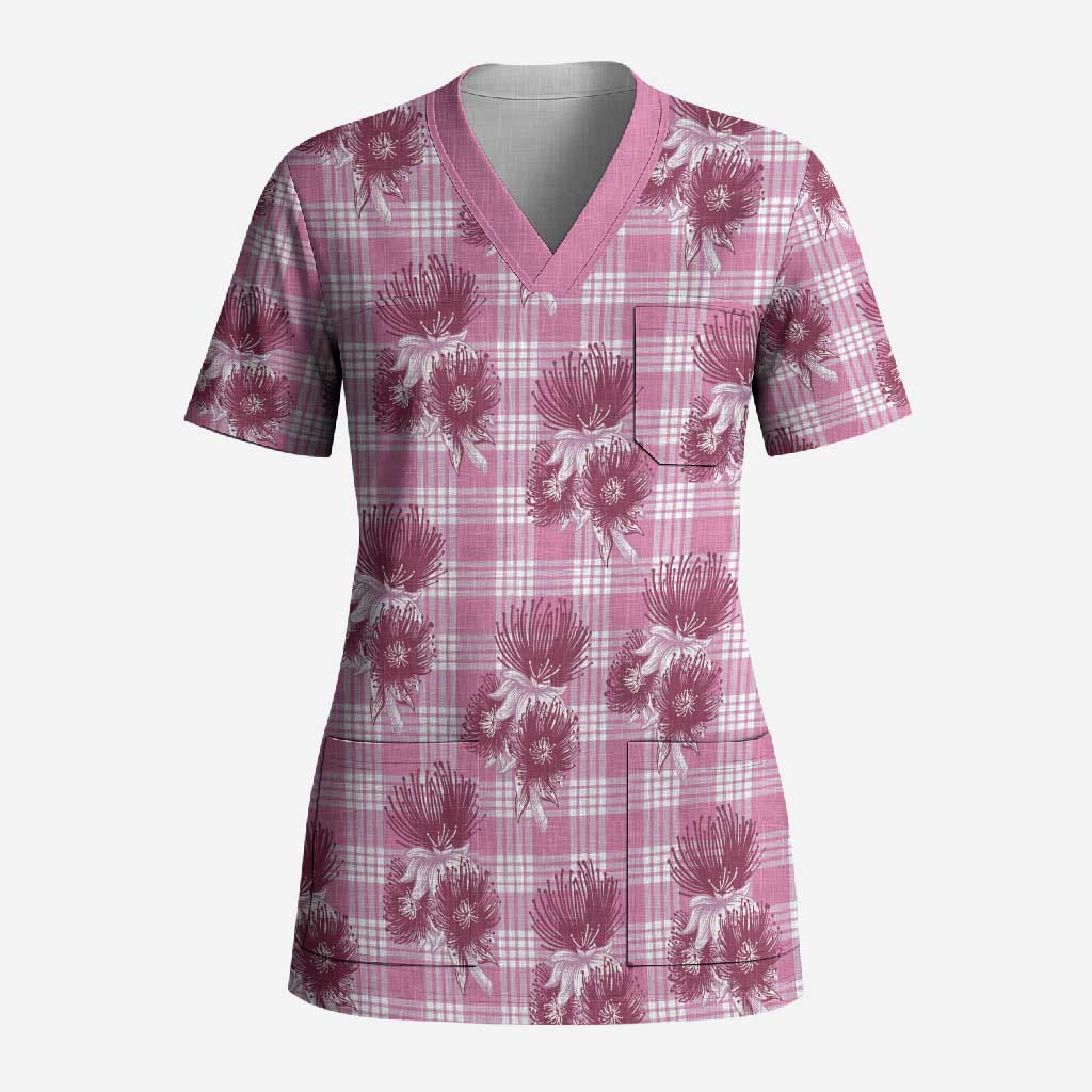 Pink Palaka Hawaii Scrub Top Hawaiian Lehua Blossoms LT05 Adult Pink - Polynesian Pride