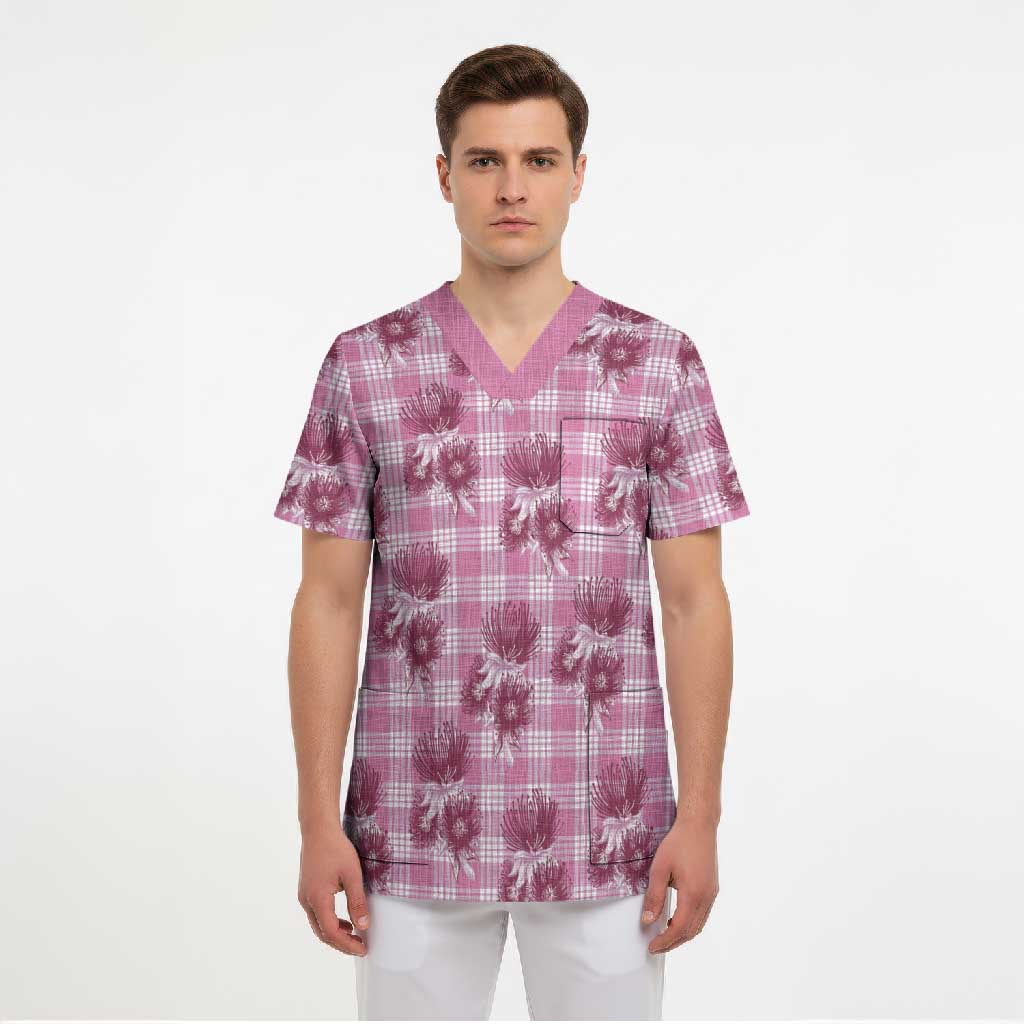 Pink Palaka Hawaii Scrub Top Hawaiian Lehua Blossoms LT05 - Polynesian Pride