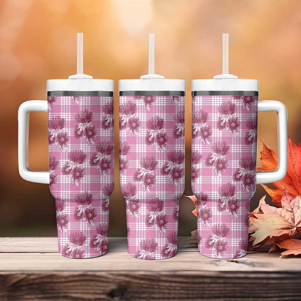 Pink Palaka Hawaii Tumbler With Handle Hawaiian Lehua Blossoms