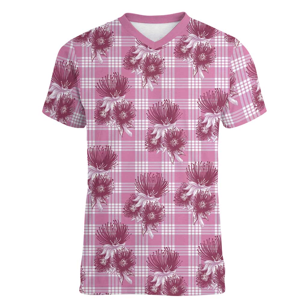 Pink Palaka Hawaii Women V-Neck T-Shirt Hawaiian Lehua Blossoms