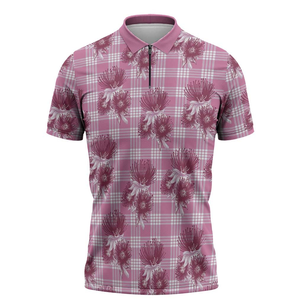 Pink Palaka Hawaii Zipper Polo Shirt Hawaiian Lehua Blossoms