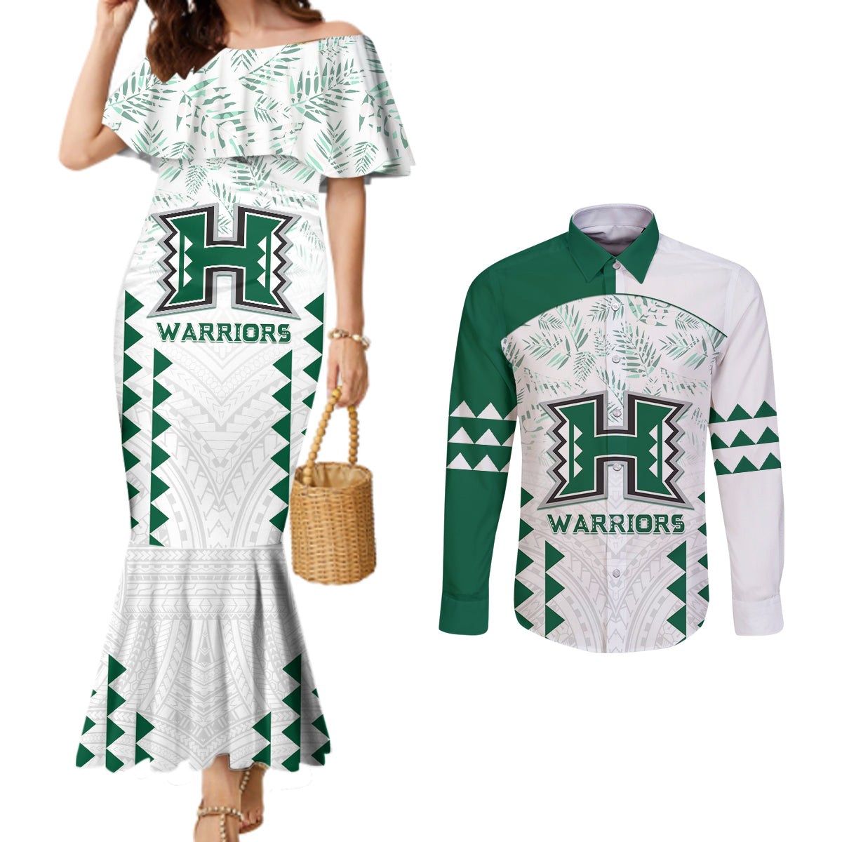 Custom Hawaii Football Couples Matching Mermaid Dress and Long Sleeve Button Shirt Rainbow Warriors Kakau Pattern LT05 White - Polynesian Pride