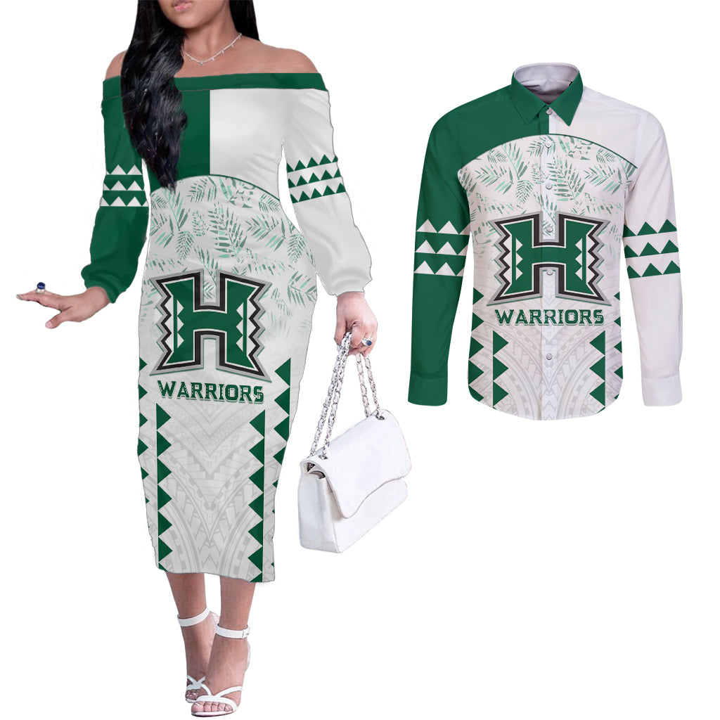 Custom Hawaii Football Couples Matching Off The Shoulder Long Sleeve Dress and Long Sleeve Button Shirt Rainbow Warriors Kakau Pattern LT05 White - Polynesian Pride