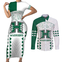 Custom Hawaii Football Couples Matching Short Sleeve Bodycon Dress and Long Sleeve Button Shirt Rainbow Warriors Kakau Pattern LT05 White - Polynesian Pride