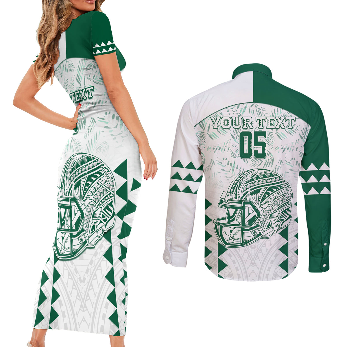 Custom Hawaii Football Couples Matching Short Sleeve Bodycon Dress and Long Sleeve Button Shirt Rainbow Warriors Kakau Pattern LT05 - Polynesian Pride