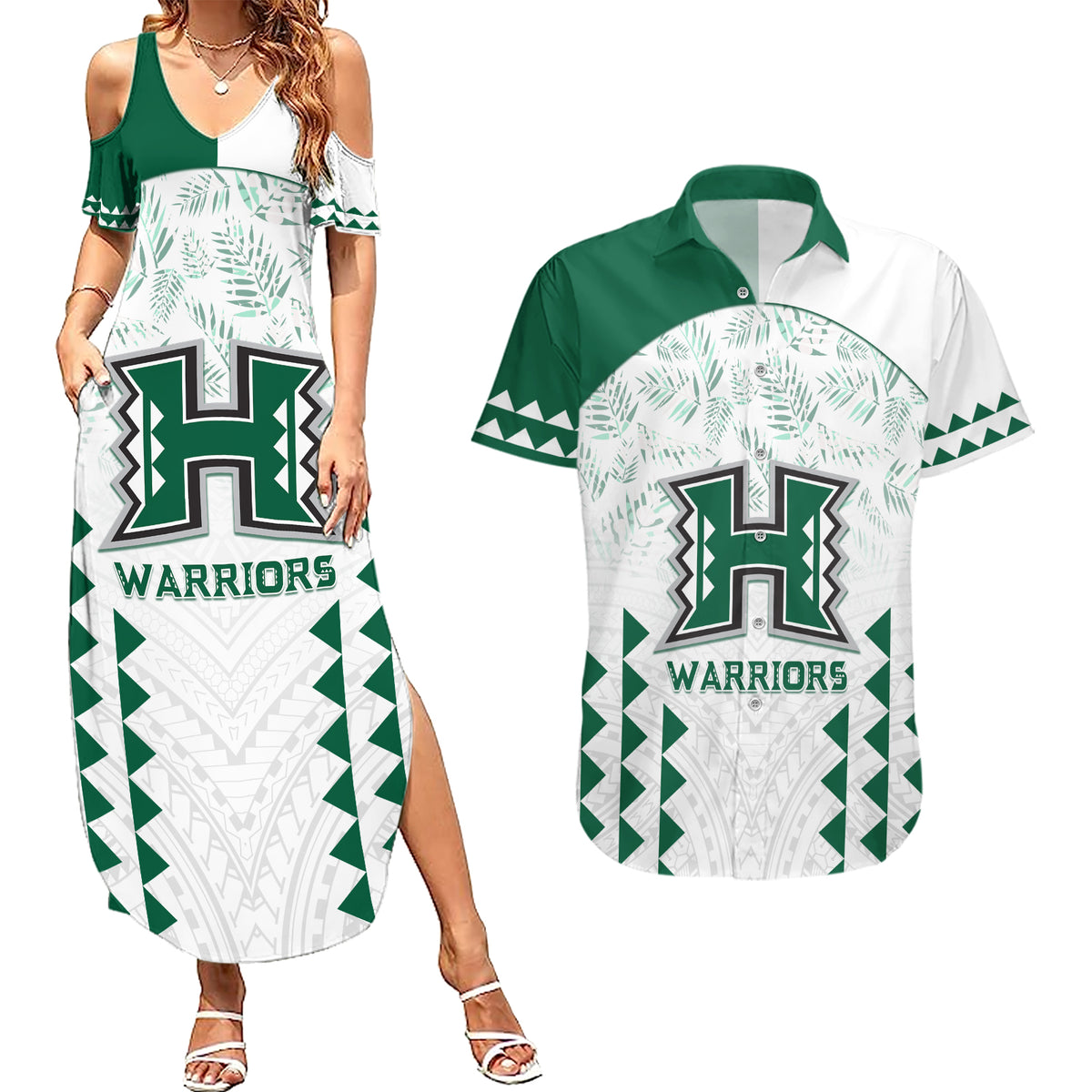 Custom Hawaii Football Couples Matching Summer Maxi Dress and Hawaiian Shirt Rainbow Warriors Kakau Pattern LT05 White - Polynesian Pride