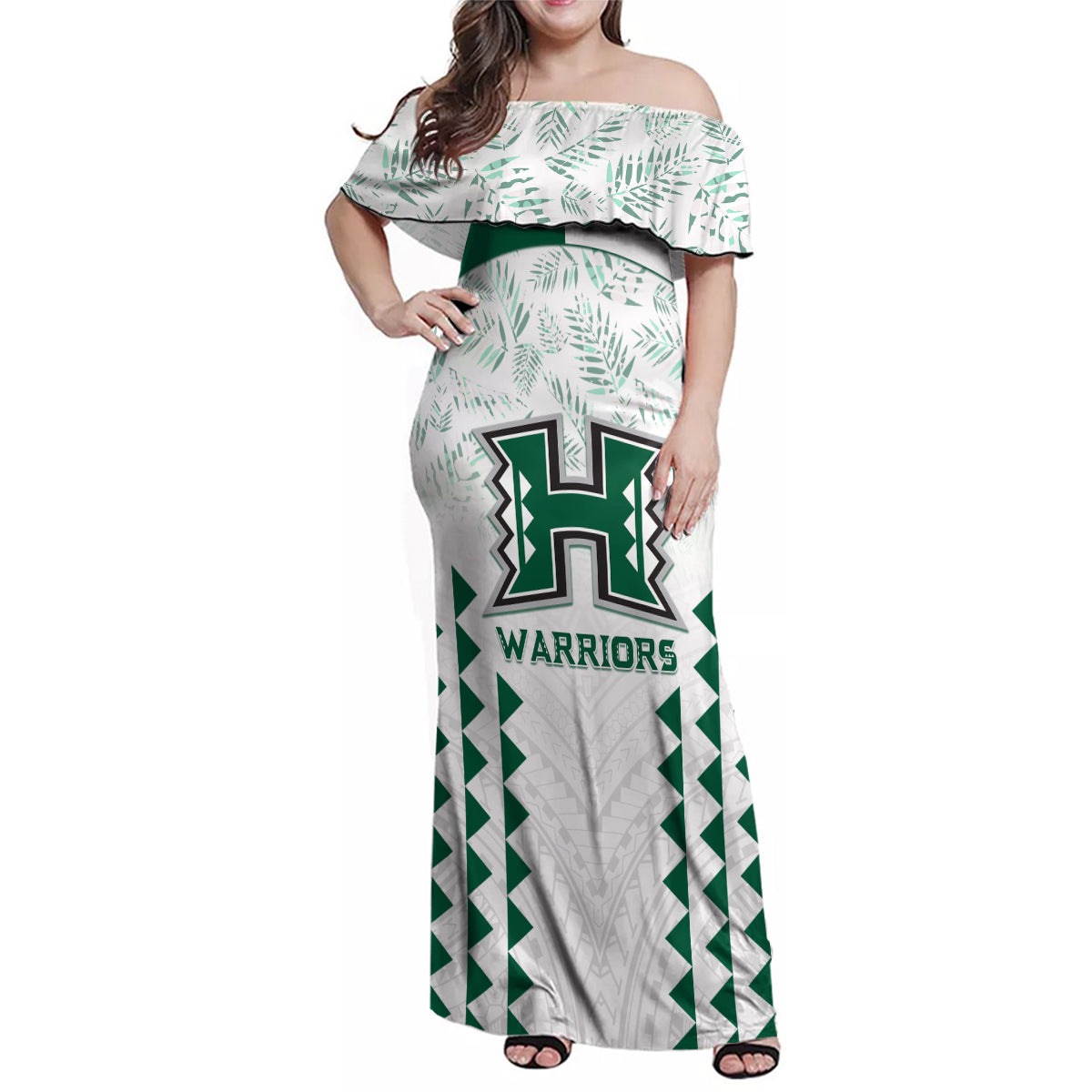 Custom Hawaii Football Family Matching Off Shoulder Maxi Dress and Hawaiian Shirt Rainbow Warriors Kakau Pattern LT05 Mom's Dress White - Polynesian Pride