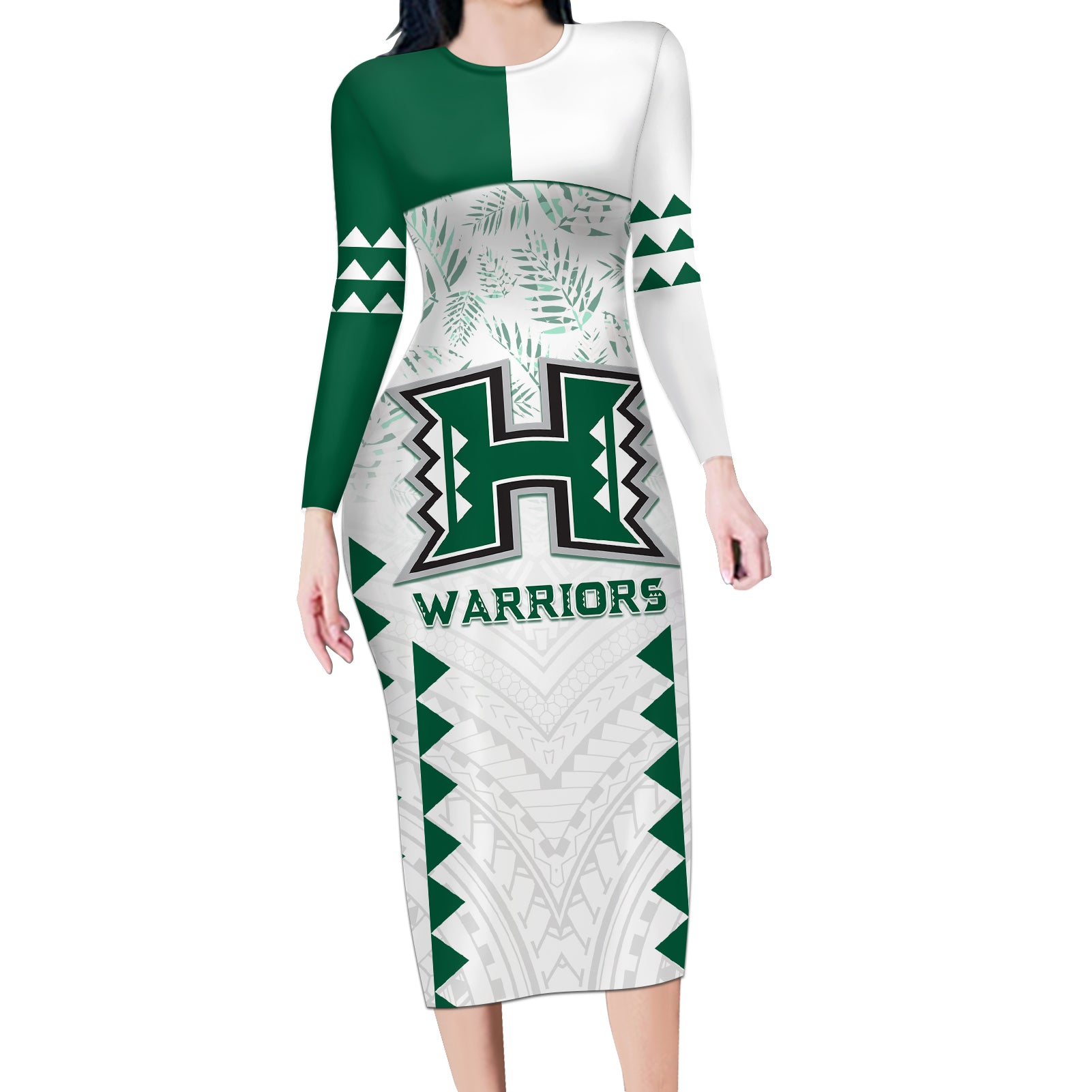 Custom Hawaii Football Long Sleeve Bodycon Dress Rainbow Warriors Kakau Pattern LT05 Long Dress White - Polynesian Pride