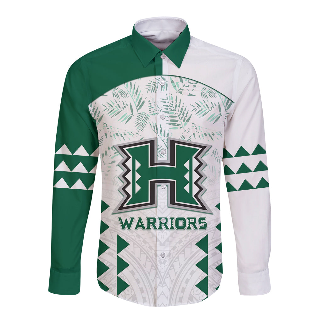 Custom Hawaii Football Long Sleeve Button Shirt Rainbow Warriors Kakau Pattern LT05 Unisex White - Polynesian Pride