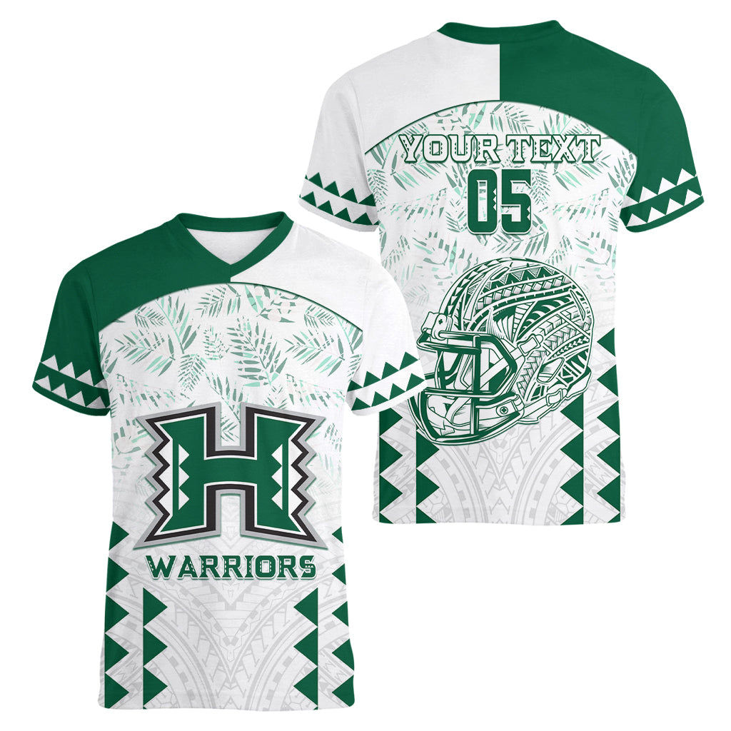 Custom Hawaii Football Women V Neck T Shirt Rainbow Warriors Kakau Pattern LT05 - Polynesian Pride